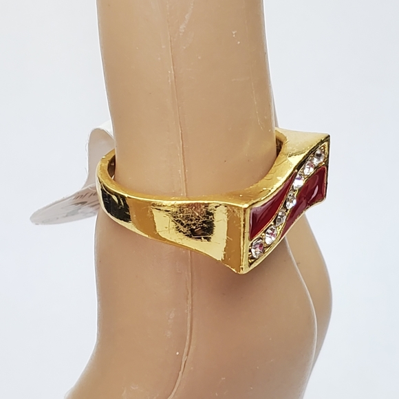 Gold red enamel rhinestones cocktail ring size 8 - Picture 2 of 4